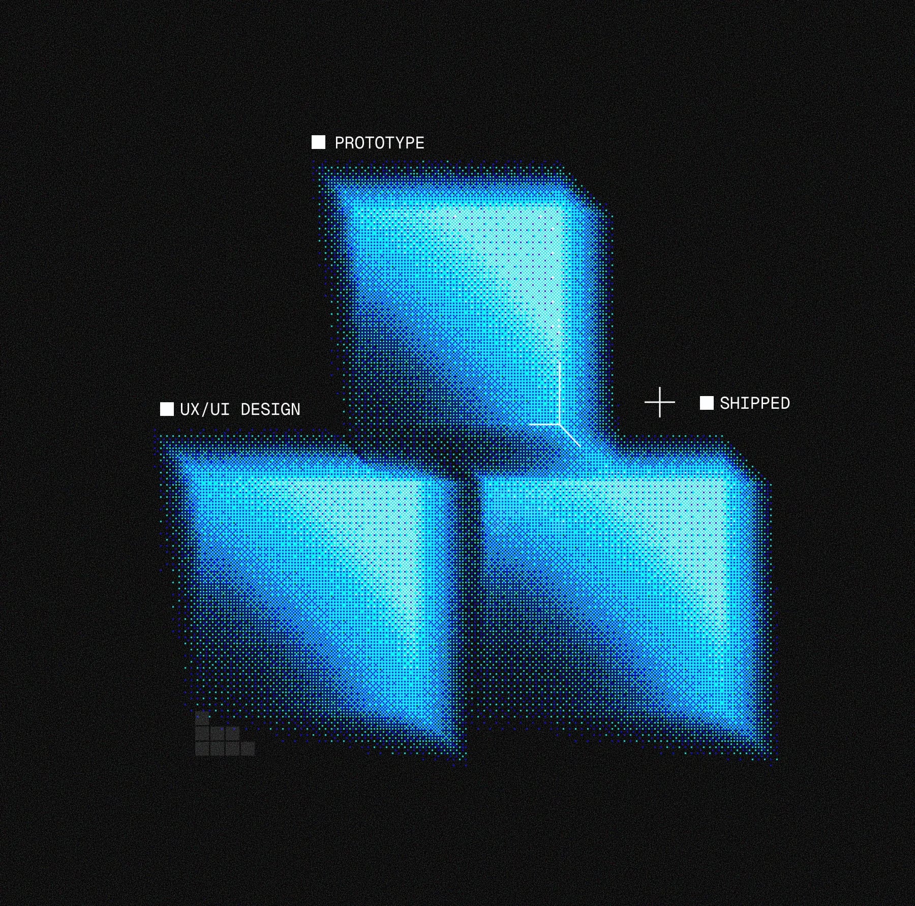 Three glowing dithered blue cubes stacked in formation, marked prototype, UX/UI design and shipped.